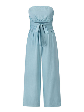 ライト スカイ ブルー ジャンプスーツ ノースリーブ レースアップ バックレス ポリエステル ワイド サマー プレイスーツ
