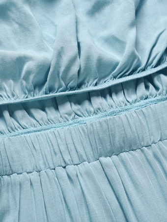 ライト スカイ ブルー ジャンプスーツ ノースリーブ レースアップ バックレス ポリエステル ワイド サマー プレイスーツ