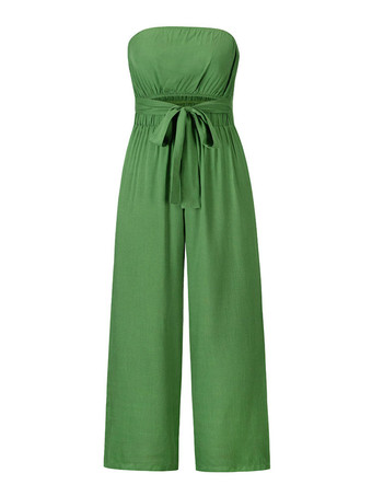 ライト スカイ ブルー ジャンプスーツ ノースリーブ レースアップ バックレス ポリエステル ワイド サマー プレイスーツ