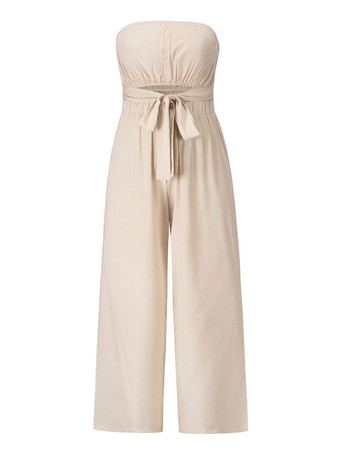 ライト スカイ ブルー ジャンプスーツ ノースリーブ レースアップ バックレス ポリエステル ワイド サマー プレイスーツ