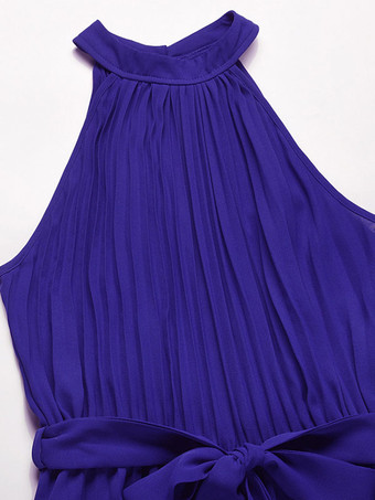 グリーン ジャンプスーツ ノースリーブ プリーツ バックレス ポリエステル フレア サマー プレイスーツ