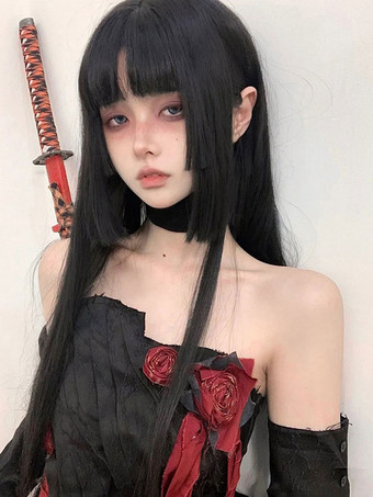 ロリータウィッグブラックロングスウィート耐熱ファイバーロリータアクセサリー