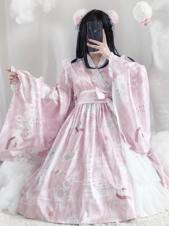 Japanese Style Lolita Costumes Lolita Dresses Polyester Ruffles Floral Print Chinese Style Long Sleeves Pink