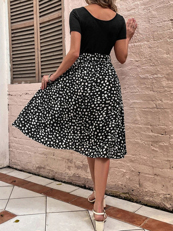 サマードレスジュエルネック水玉サッシュディープブラウンミディアムビーチドレス