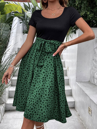 ダークグリーンサマードレスジュエルネック水玉サッシュディープブラウンミディアムビーチドレス