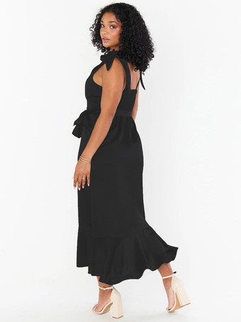 ミディドレス スクエアカラー スリット ベルト付き ブライドメイド 誕生日パーティー プロムドレス