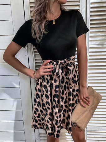 サマードレスジュエルネックプリントサッシコーヒーブラウンミディアムビーチドレス