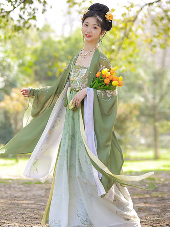 Chinese Style Lolita Dress Embroidered Long Sleeves Polyester Chinese Style Green Chinese Style Lolita