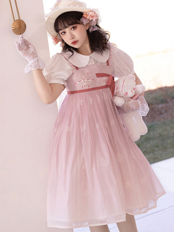 Chinese Style Lolita Dress Bows Sleeveless Polyester Chinese Style Pink Chinese Style Lolita
