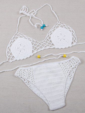 女性のためのツーピース水着白かぎ針編みホルター背中の開いた夏のセクシーな水着