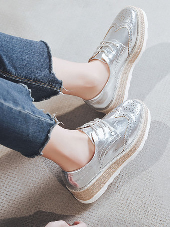 女性の丸いつま先プラットフォームPUレザーオックスフォード