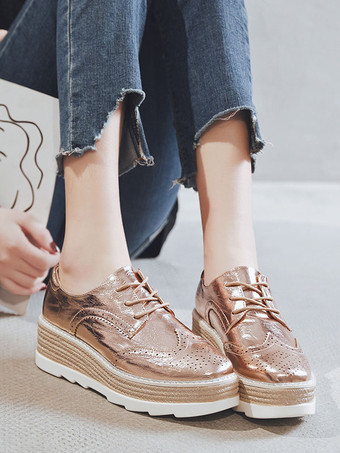 女性の丸いつま先プラットフォームPUレザーオックスフォード