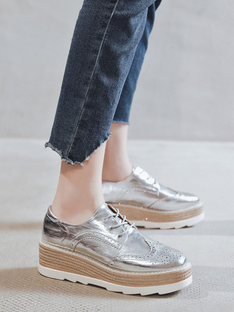 女性の丸いつま先プラットフォームPUレザーオックスフォード