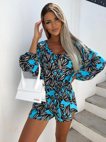 Blue Floral Print Jewel Neck Long Sleeves Summer One Piece Outfit