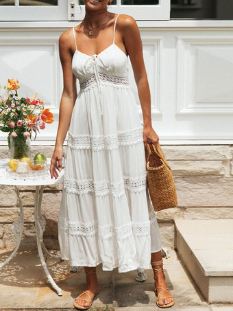 誕生日サマードレス ホワイト Vネック ポリエステル ビーチドレス