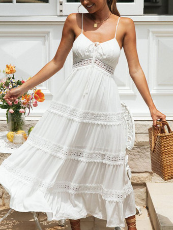 誕生日サマードレス ホワイト Vネック ポリエステル ビーチドレス