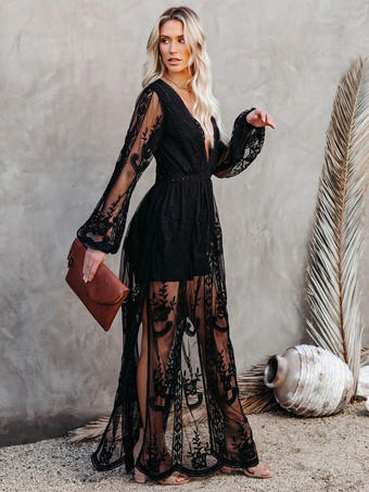 マキシドレス Vネック 長袖 レース ボヘミアン ロングドレス