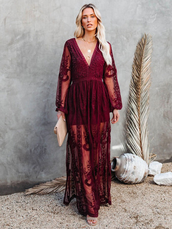 ワインレッド マキシドレス Vネック 長袖 レース ボヘミアン ロングドレス