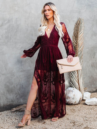 マキシドレス Vネック 長袖 レース ボヘミアン ロングドレス