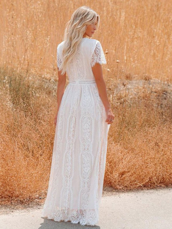 ボヘミアン風マキシドレス Vネック 半袖 ボヘミアン レースドレス 2025年夏