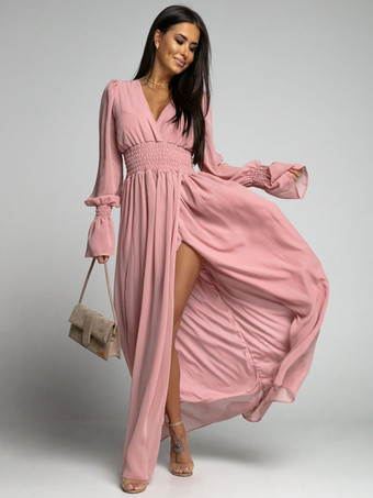 マキシドレスVネック長袖ポリエステルボヘミアンロングワンピース