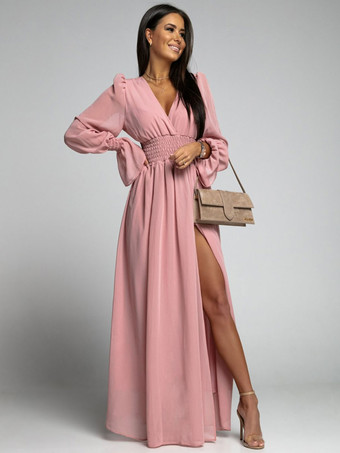 ピンクマキシドレスVネック長袖ポリエステルボヘミアンロングワンピース