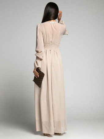 マキシドレスVネック長袖ポリエステルボヘミアンロングワンピース