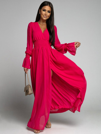 レッド マキシドレスVネック長袖ポリエステルボヘミアンロングワンピース