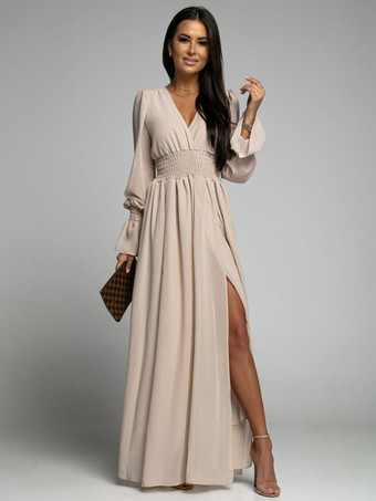 マキシドレスVネック長袖ポリエステルボヘミアンロングワンピース