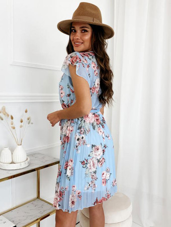 ミニドレスブラックフローラルプリント半袖ポリエステルショートドレス