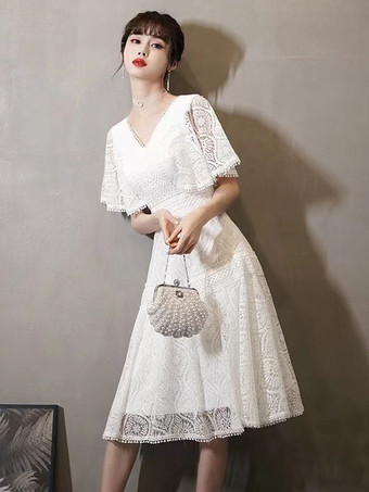 Blanc Robe de cocktail Robe de soirée moderne en dentelle à col en V et longueur thé