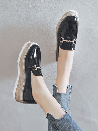 レディースメタルディテールスクエアトゥプラットフォームパテントレザーオックスフォード