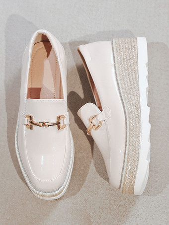 レディースメタルディテールスクエアトゥプラットフォームパテントレザーオックスフォード