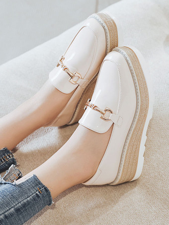 レディースメタルディテールスクエアトゥプラットフォームパテントレザーオックスフォード