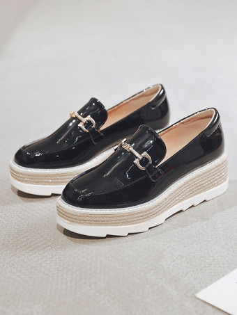 レディースメタルディテールスクエアトゥプラットフォームパテントレザーオックスフォード