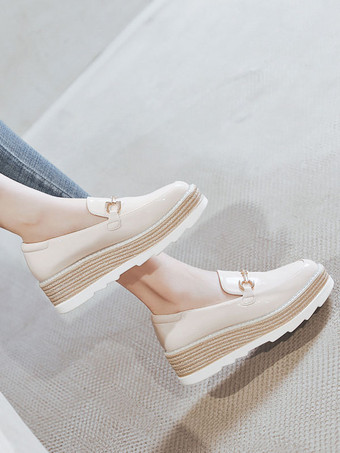 レディースメタルディテールスクエアトゥプラットフォームパテントレザーオックスフォード