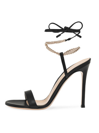 Сандалии на высоком каблуке Черная искусственная кожа с круглым носком и цепочками Обувь для выпускного вечера Женская обувь для вечеринок