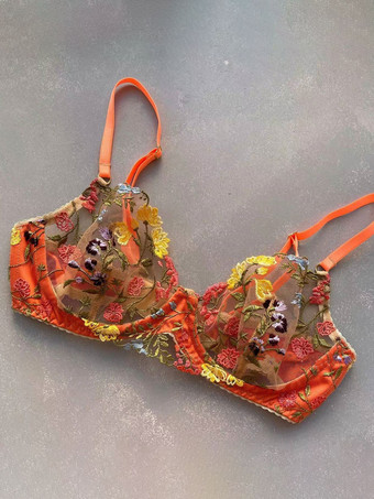 ランジェリー ブラジャー 女性用 ブラ オレンジ ポリエステル レース 2ピース セクシー ホット 下着