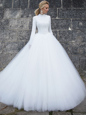 Hochzeitskleid Prinzessin Silhouette mit Zug  hohem Kragen  langen Ärmeln  Spitze  Tüll  Brautkleidern  kostenlose Anpassung