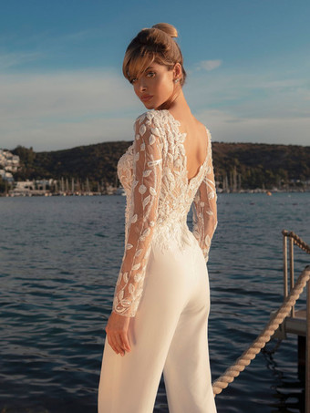 ブライダルジャンプスーツ レース 足首丈 ジュエルネック 長袖 アイボリー ウェディングジャンプスーツ 取り外し可能なトレーン付き 無料カスタマイズ