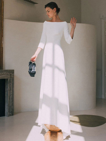 ヴィンテージ ウェディングドレス ジュエルネック 七分袖 ポリエステル トレーン ボタン付き 伝統的なドレス 花嫁のための 無料のカスタマイズ