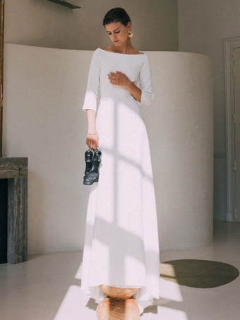 ヴィンテージ ウェディングドレス ジュエルネック 七分袖 ポリエステル トレーン ボタン付き 伝統的なドレス 花嫁のための 無料のカスタマイズ