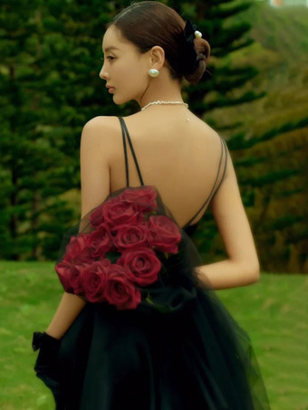 黒のウェディングドレス A ライン ノースリーブ ティーレングス ブライダル ドレス無料カスタマイズ