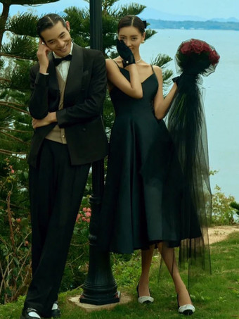 黒のウェディングドレス A ライン ノースリーブ ティーレングス ブライダル ドレス無料カスタマイズ