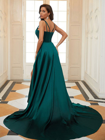 イブニングドレス Aライン Vネック 弾性シルクのようなサテン マキシレングス フロントスプリット ソーシャルページェントドレス