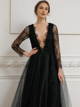 ブラック黒のウェディングドレス A ライン長袖レース床の長さのブライダルドレス無料カスタマイズ