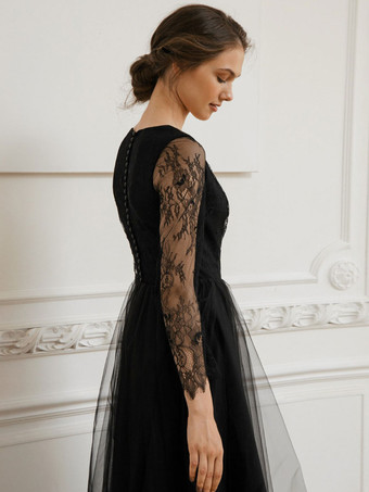 黒のウェディングドレス A ライン長袖レース床の長さのブライダルドレス無料カスタマイズ