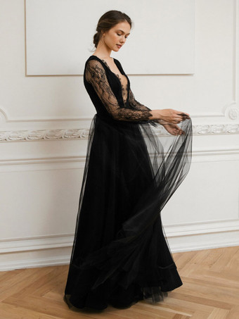 黒のウェディングドレス A ライン長袖レース床の長さのブライダルドレス無料カスタマイズ