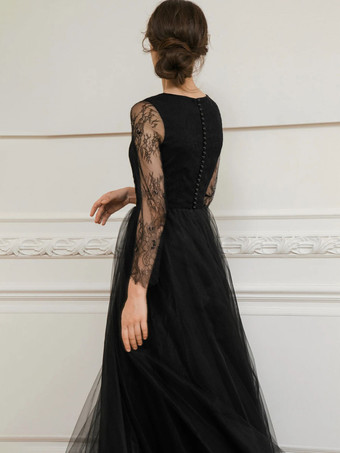 黒のウェディングドレス A ライン長袖レース床の長さのブライダルドレス無料カスタマイズ