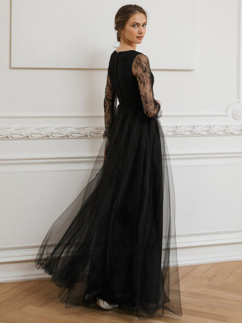 黒のウェディングドレス A ライン長袖レース床の長さのブライダルドレス無料カスタマイズ